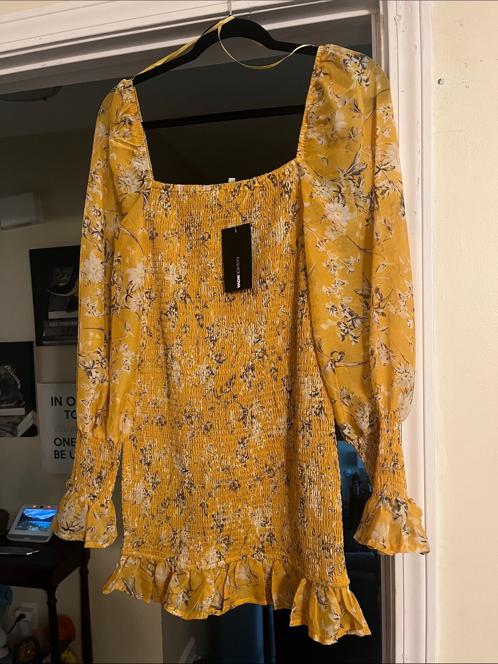Fashion Nova Yellow Floral Smocked Mini Dress